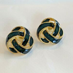 Vintage pierced earrings 1980’s gold tone chunky black enamel infinity knots